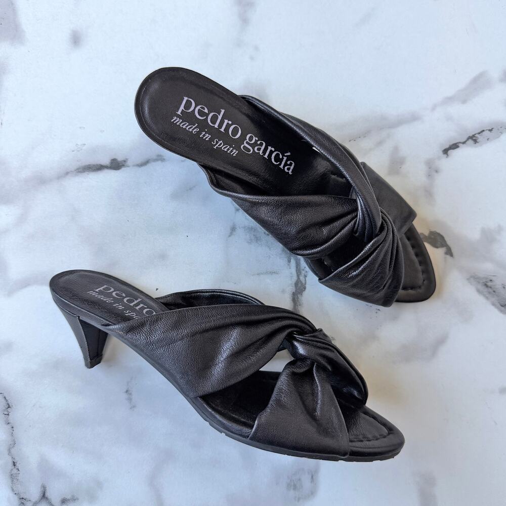 Pedro Garcia Black Leather Twist Strap Mule Heels Size 36.5